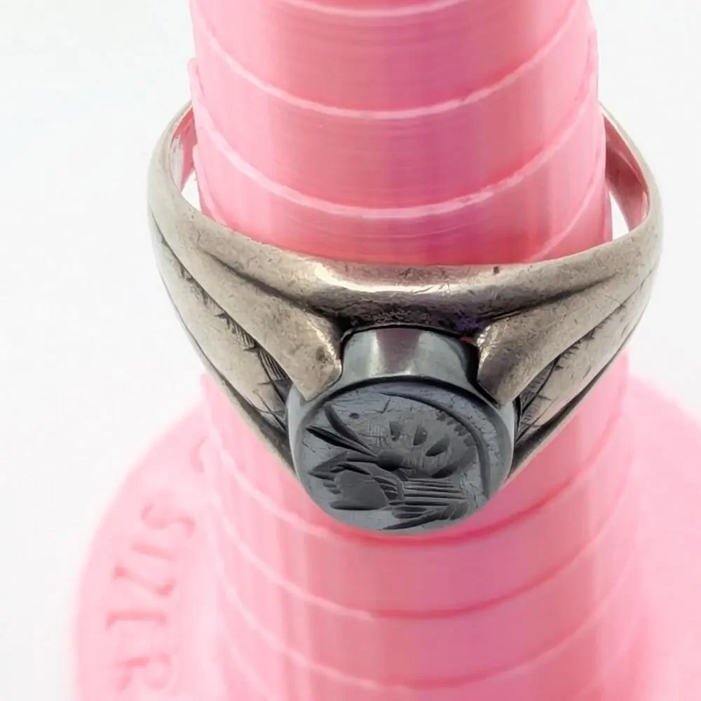 Sterling Silver Men's Ring 9 Silver Carved Hematite Intaglio Soldier Signet READ